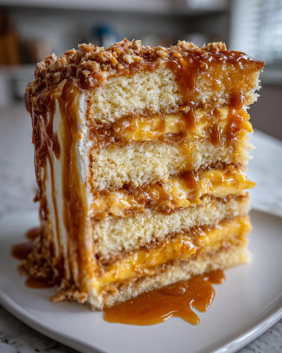 A tall, multi-layered slice of caramel crunch cake showing sponge layers, caramel filling, and topped with nuts.