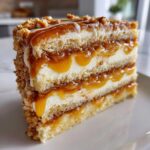 Close-up of a slice of caramel crunch cake showing layers of sponge, cream, and dripping caramel sauce.