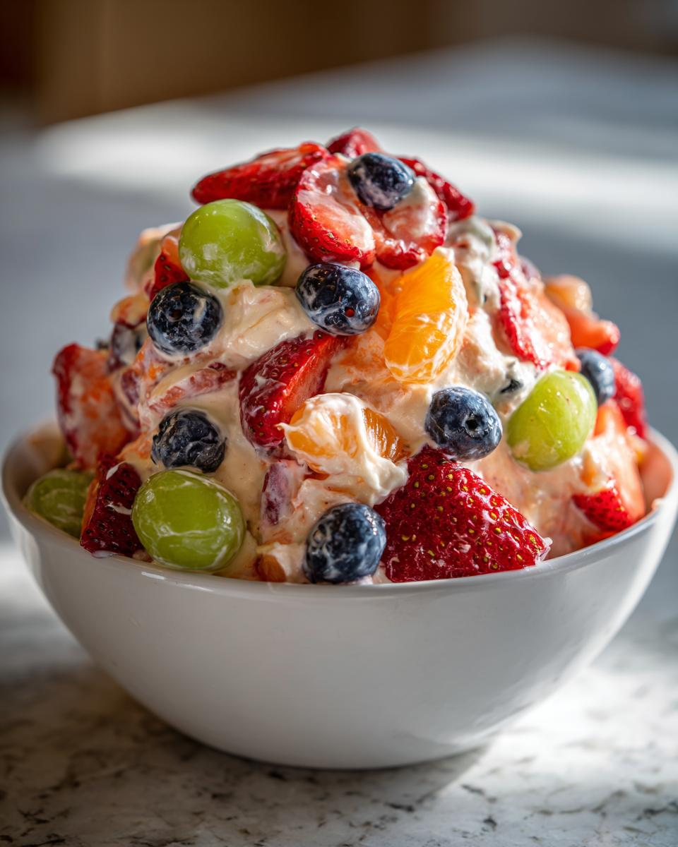 A generous serving of creamy cheesecake fruit salad topped with strawberries, blueberries, grapes, and mandarin oranges.
