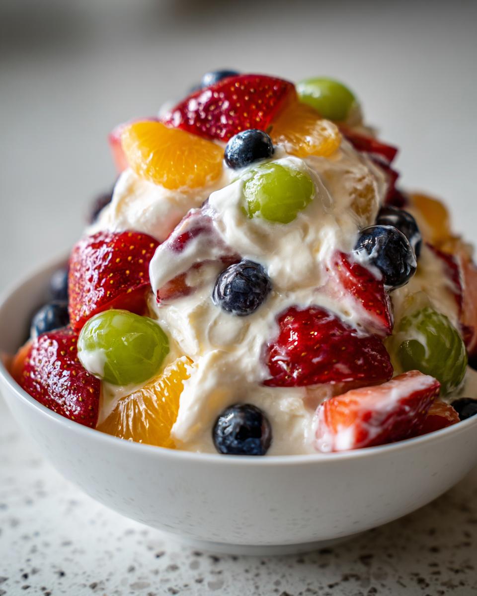 A close-up of a serving of cheesecake fruit salad topped with strawberries, blueberries, grapes, and orange segments.
