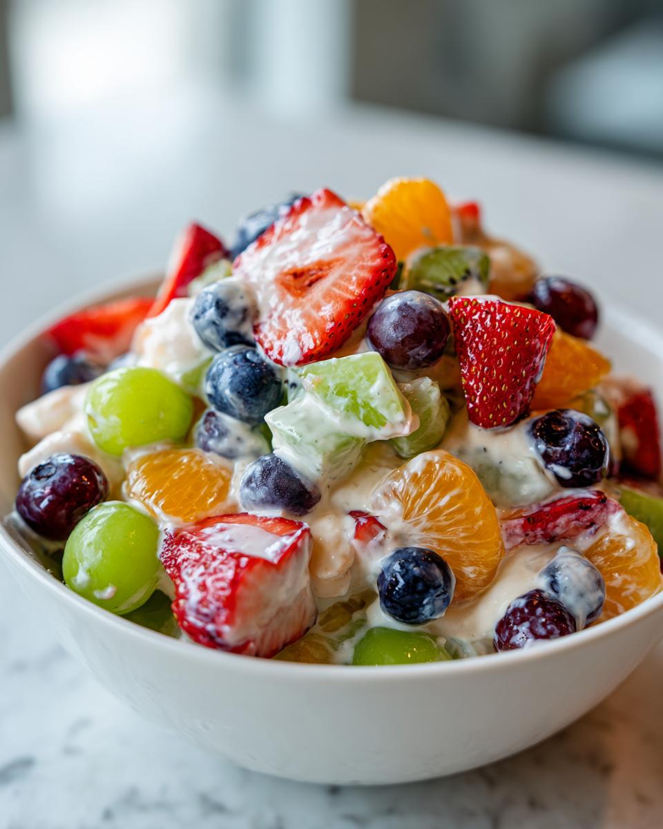 A close-up view of a vibrant cheesecake fruit salad featuring strawberries, blueberries, grapes, and oranges coated in a creamy dressing.