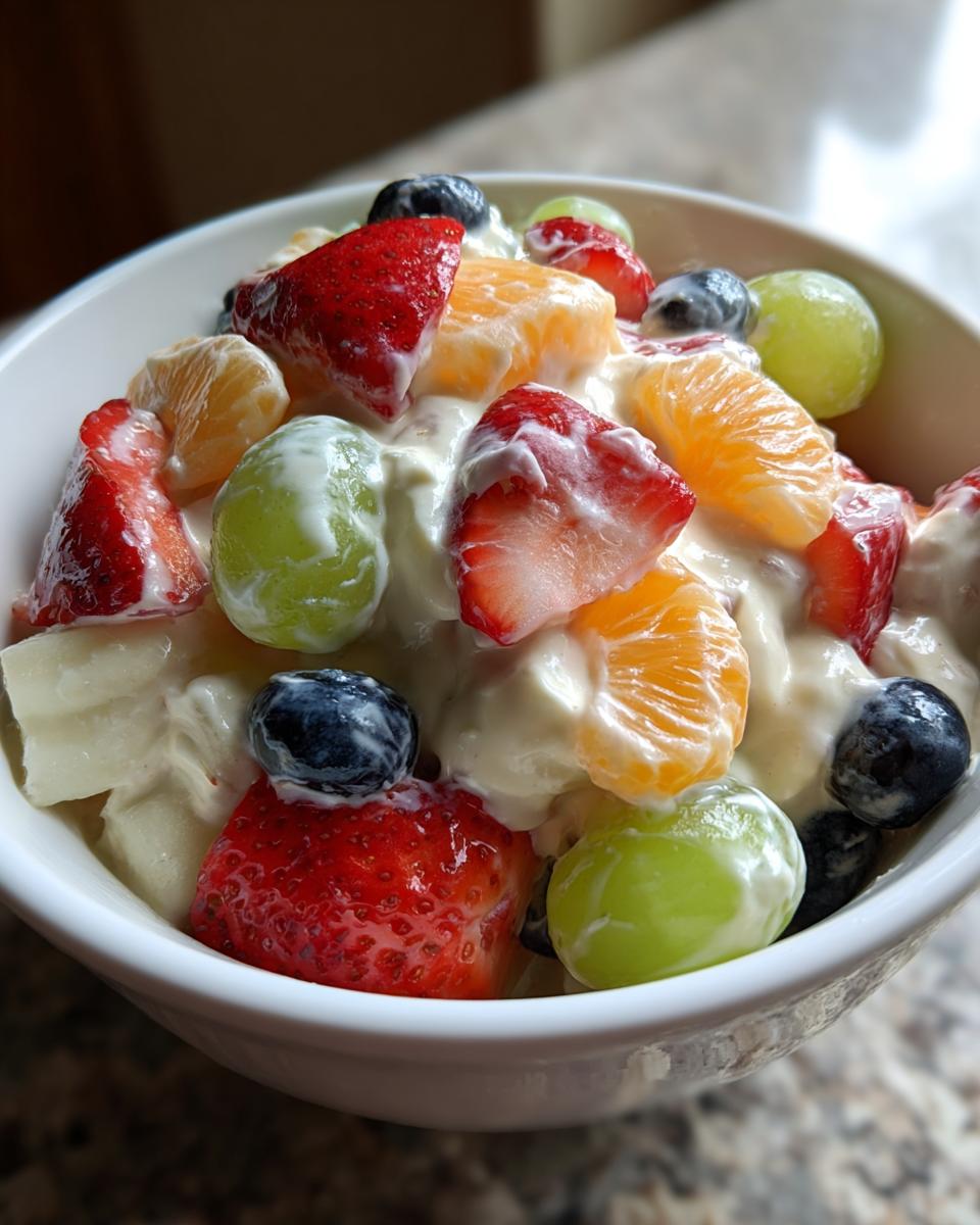 Close-up of a creamy cheesecake fruit salad featuring strawberries, blueberries, grapes, and mandarin oranges.