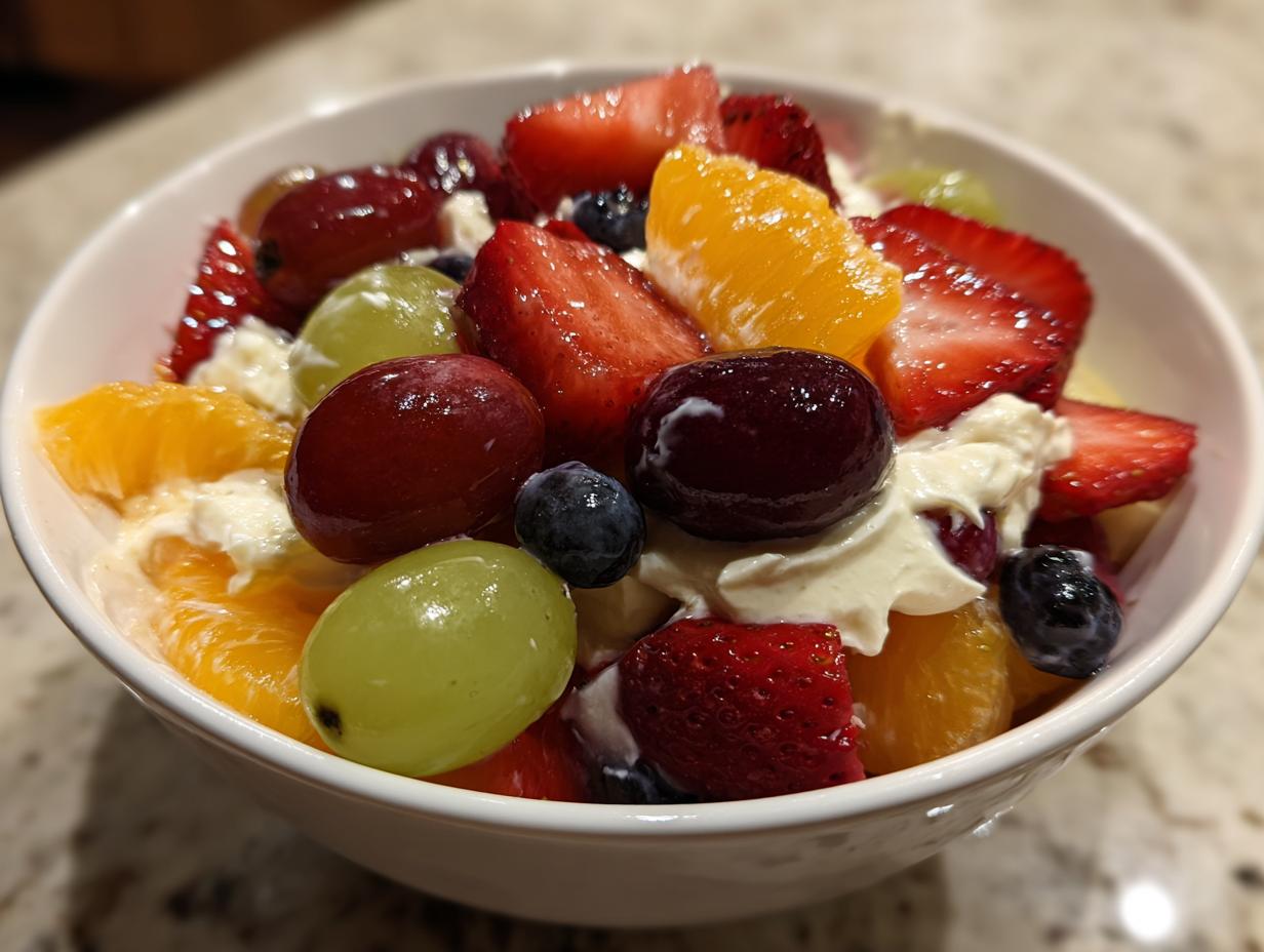A close-up of a vibrant cheesecake fruit salad featuring strawberries, grapes, oranges, and blueberries mixed with creamy topping in a white bowl.