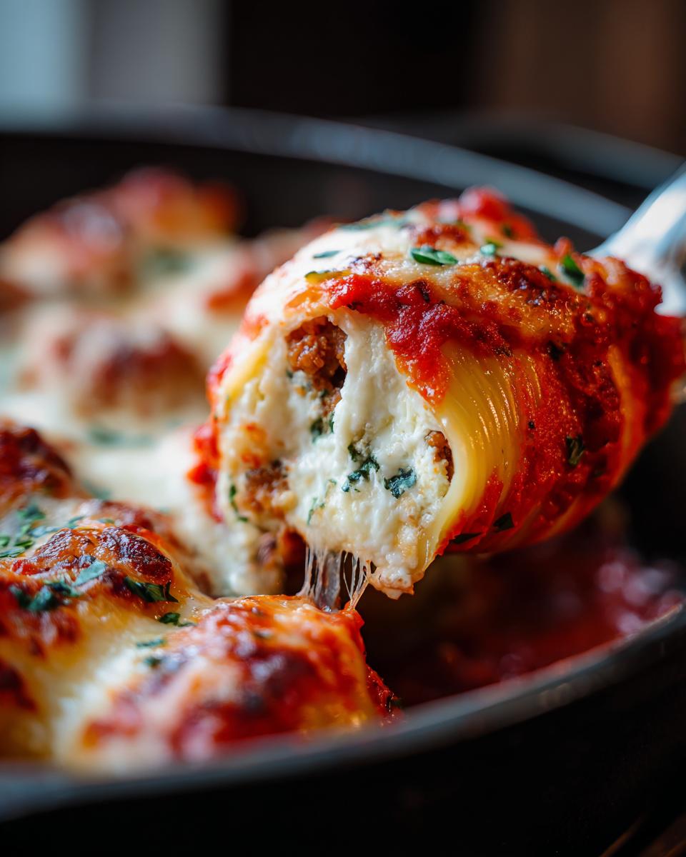 A serving spoon lifts a cheesy, saucy stuffed shells portion, showing melted cheese strings.
