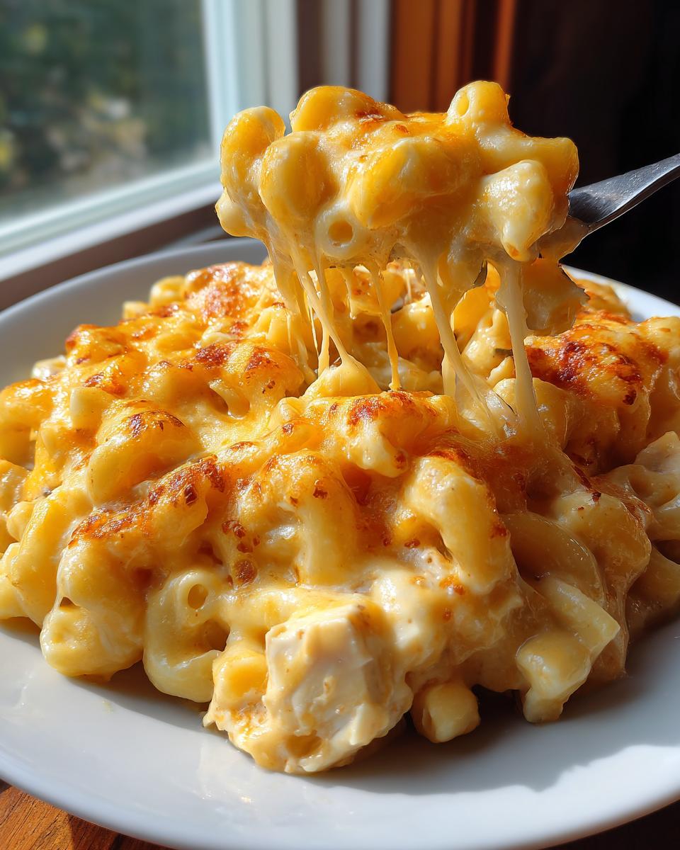 A fork lifting a bite of cheesy chicken pasta, showing long cheese pulls over a baked, golden-brown topping.