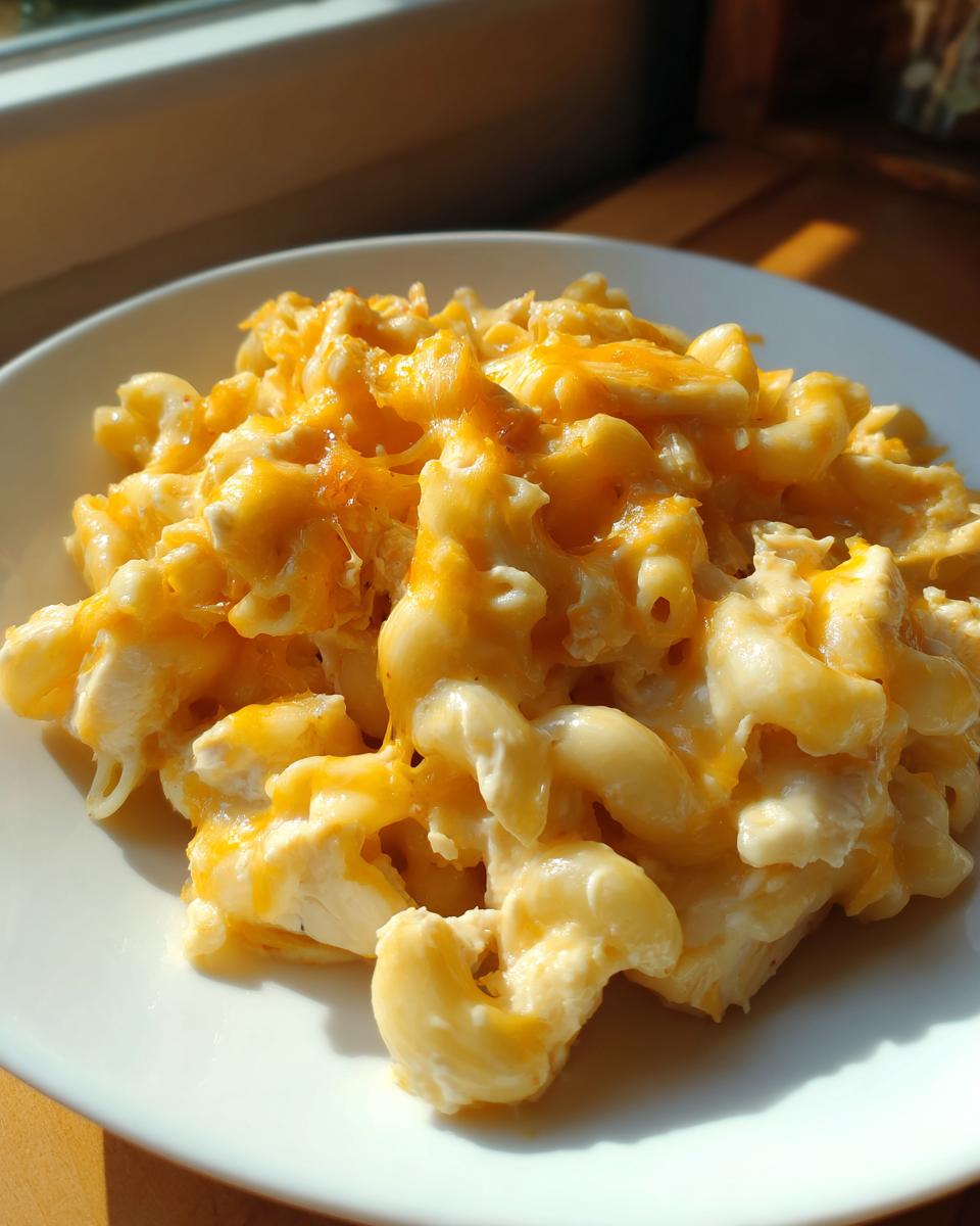 A close-up serving of creamy, cheesy chicken pasta topped with melted cheddar cheese.