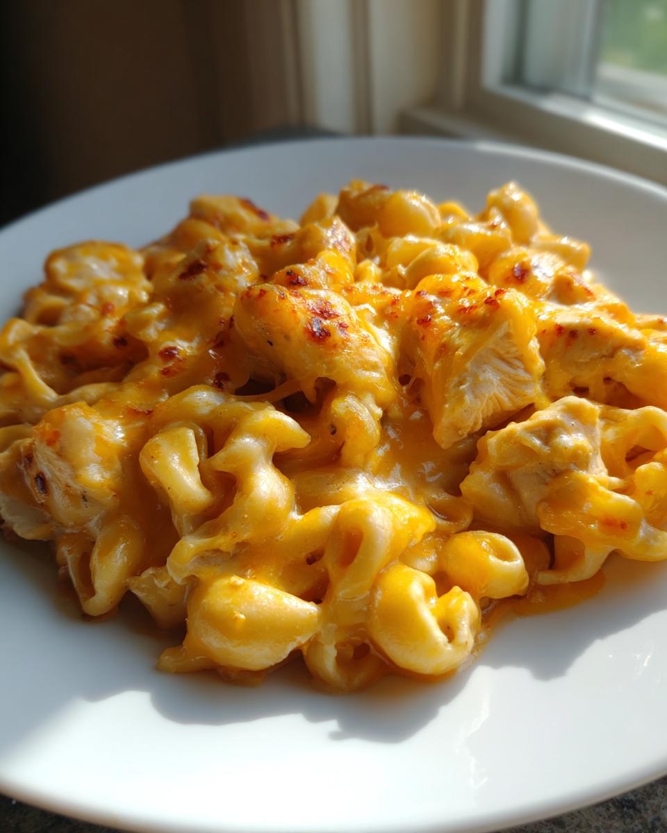 A close-up serving of creamy, orange cheesy chicken pasta with chunks of chicken, highlighted by sunlight.
