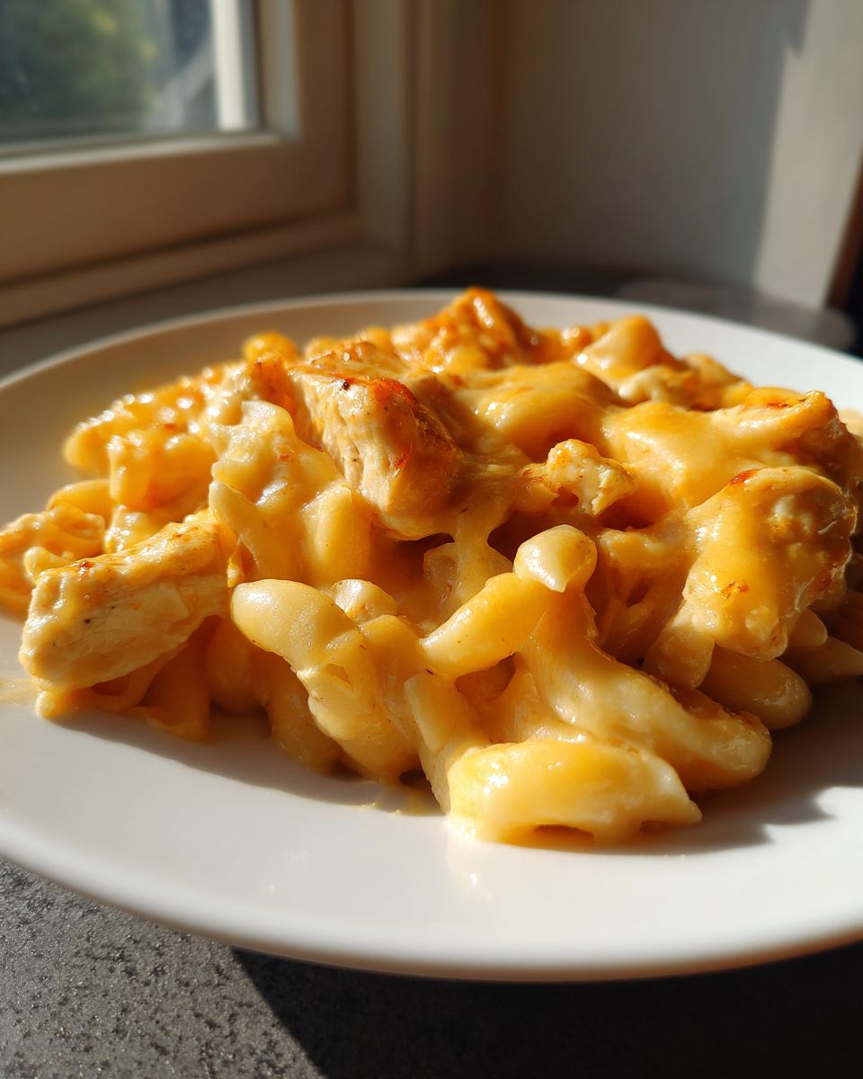 A close-up shot of creamy, melted cheesy chicken pasta served on a white plate, highlighted by natural light.