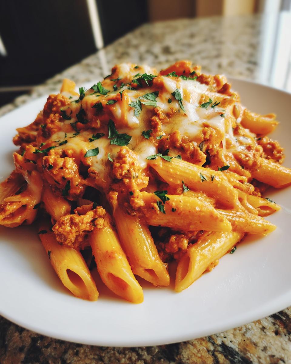 A close-up of cheesy ground turkey pasta made with penne, topped with melted cheese and fresh parsley.