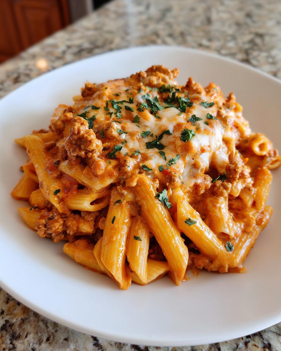 A close-up of a serving of ground turkey pasta with a creamy tomato sauce, melted cheese, and fresh parsley garnish.