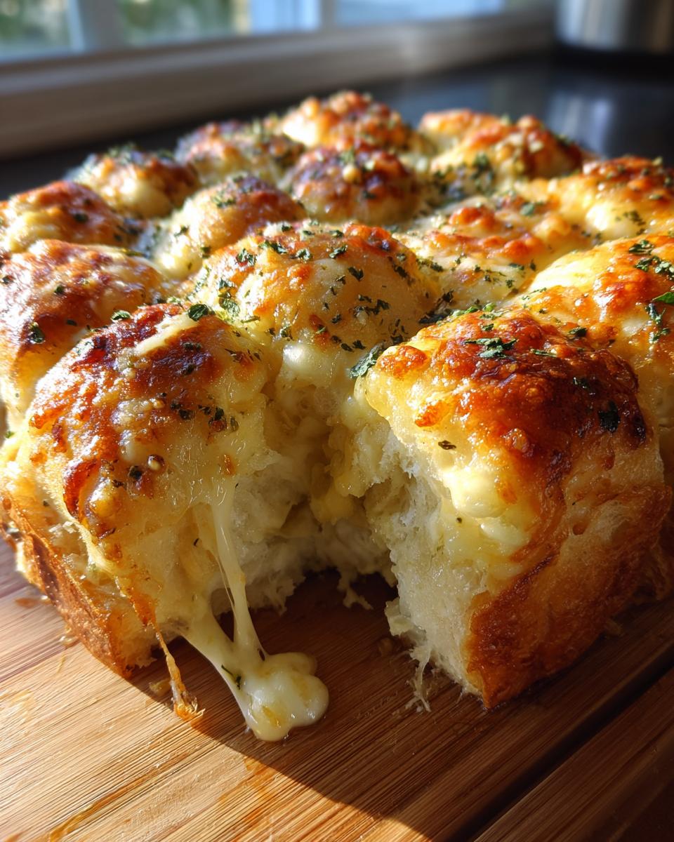 Close-up of cheesy Hawaiian roll garlic bread with melted cheese stretching as a piece is pulled away.