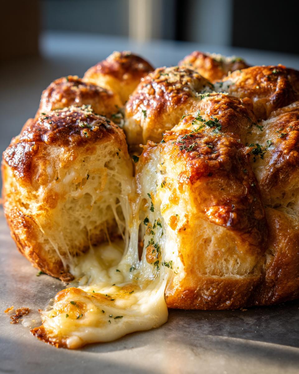 Close-up of cheesy Hawaiian roll garlic bread with melted cheese stretching as a piece is pulled away.