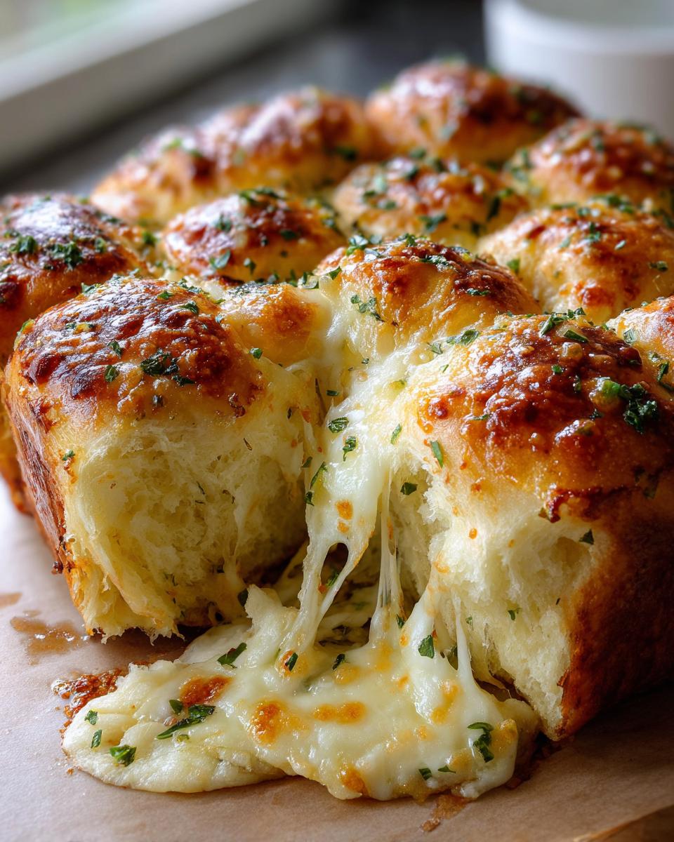 Close-up of cheesy Hawaiian roll garlic bread being pulled apart, showing melted cheese stretch.