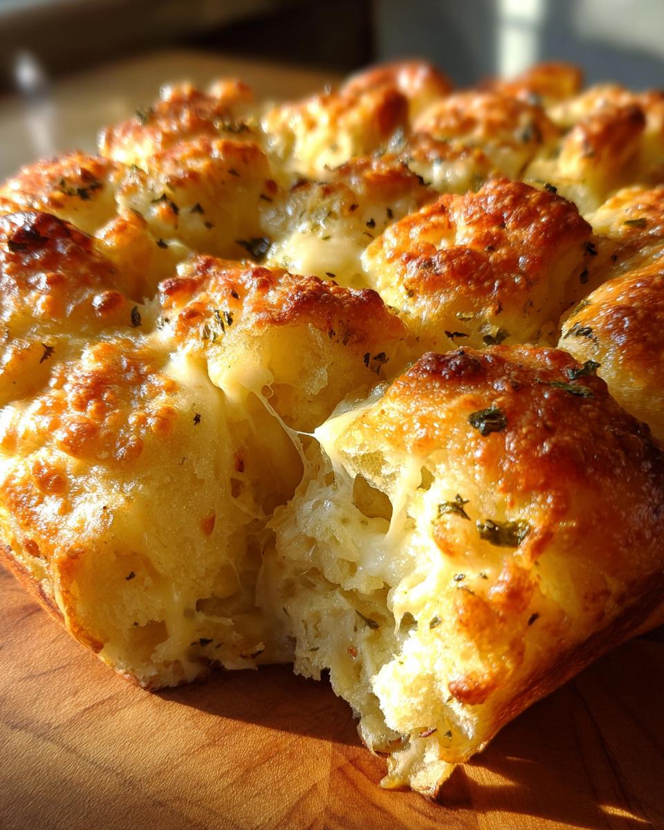 Close-up of cheesy Hawaiian roll garlic bread being pulled apart, showing melted cheese and herbs.