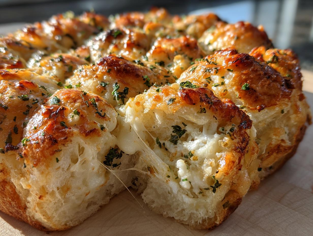 Close-up of cheesy Hawaiian roll garlic bread being pulled apart, showing melted cheese strings and herbs.