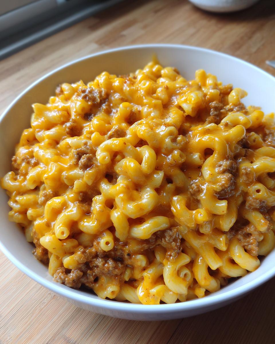 A close-up shot of a white bowl filled with creamy, cheesy homemade hamburger helper featuring elbow macaroni and ground beef.