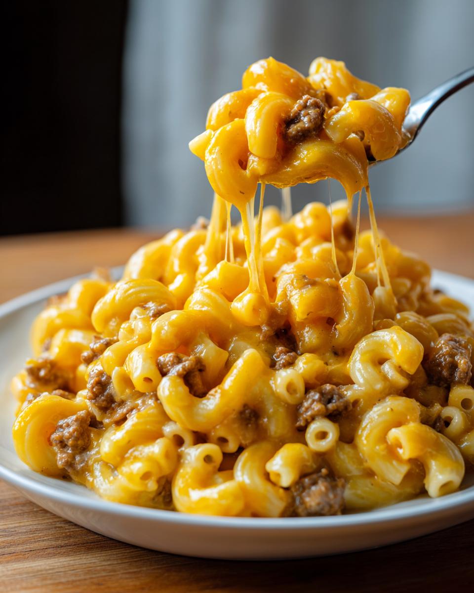 A fork lifts a cheesy bite of homemade hamburger helper, showing long cheese pulls over a plate of macaroni and ground beef.