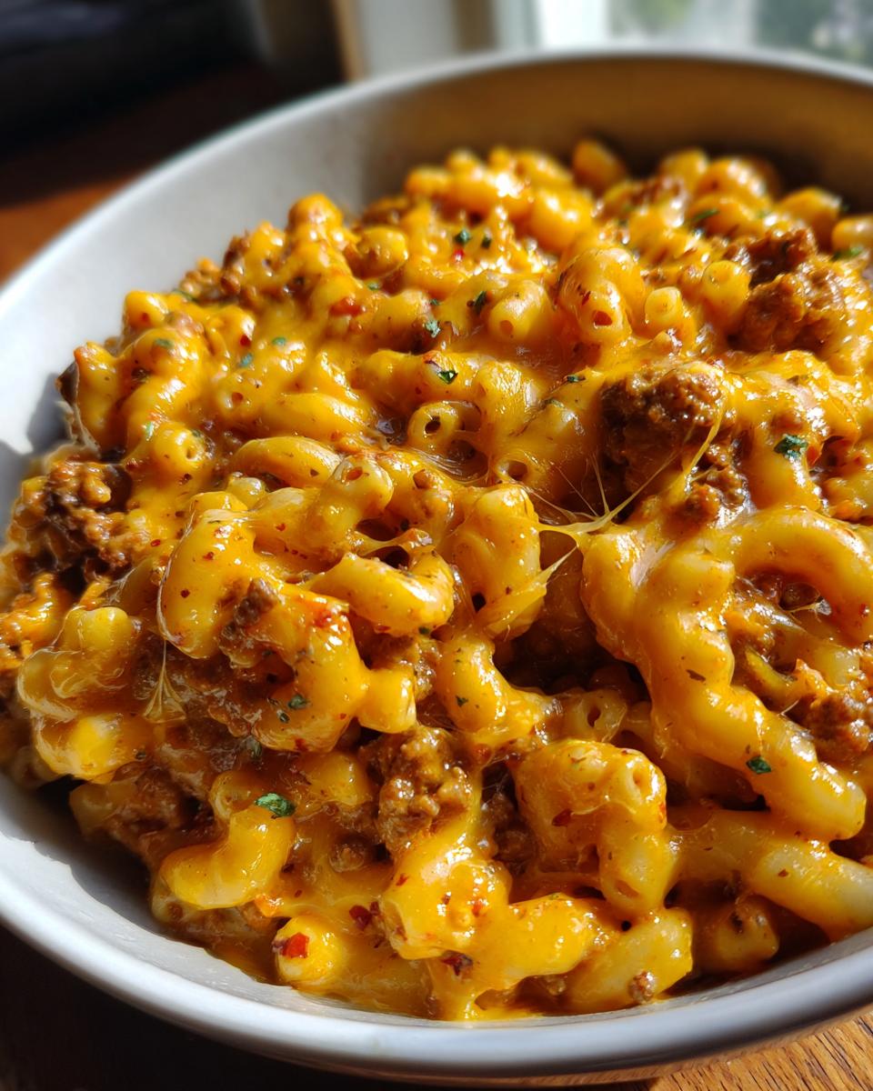 Close-up of a bowl overflowing with creamy, cheesy taco pasta mixed with seasoned ground beef and spices.