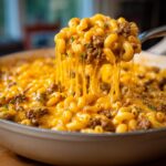 A spoonful of cheesy, meaty taco pasta being lifted from a skillet, showing long cheese pulls.