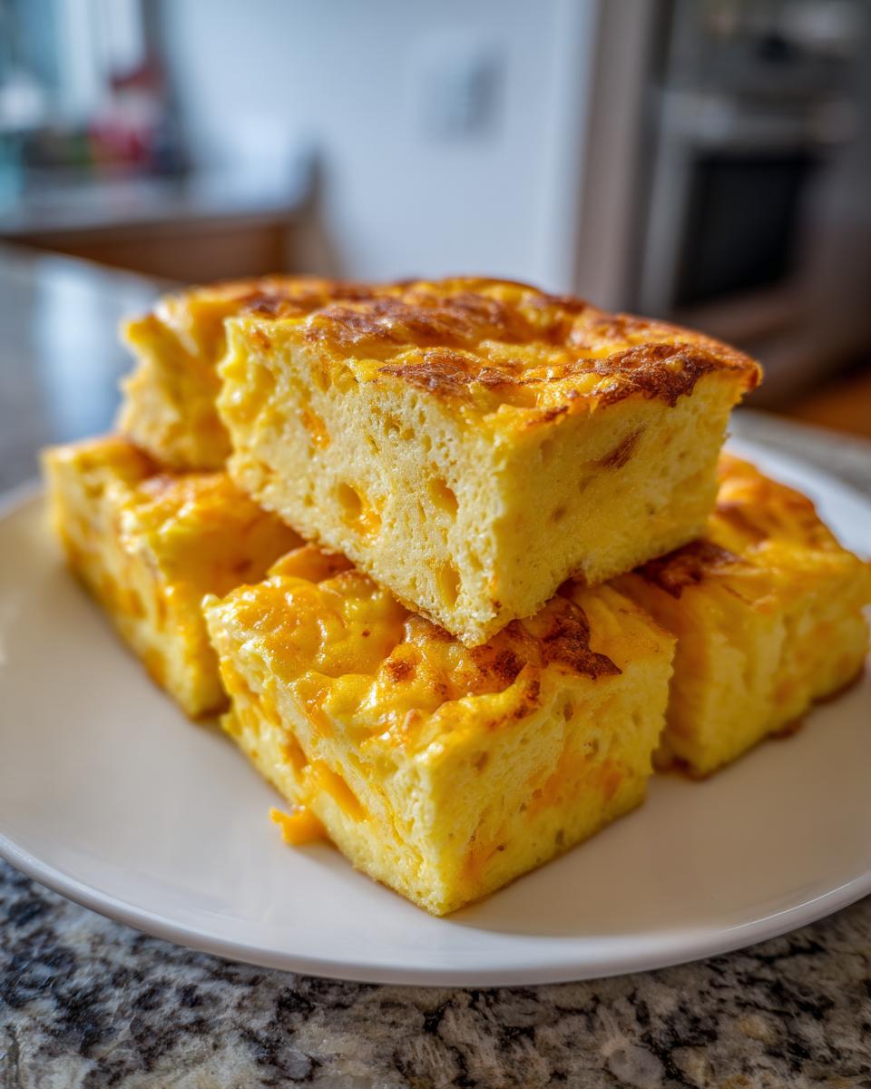 Stack of fluffy, cheesy portions of sheet pan eggs served on a white plate.