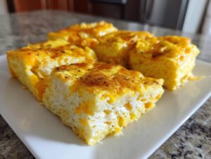 Close-up of several squares of fluffy sheet pan eggs topped with melted cheddar cheese and black pepper.