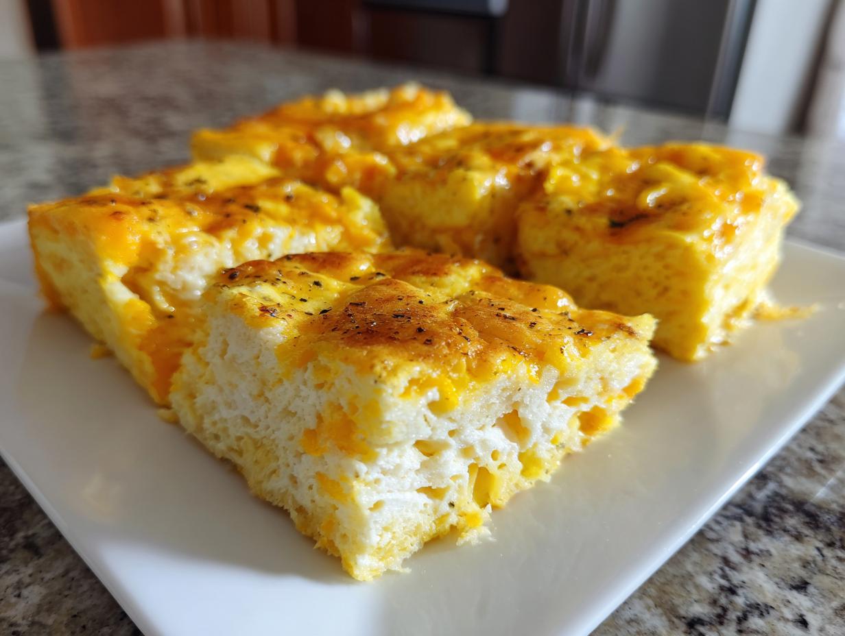 Close-up of several squares of fluffy sheet pan eggs topped with melted cheddar cheese and black pepper.