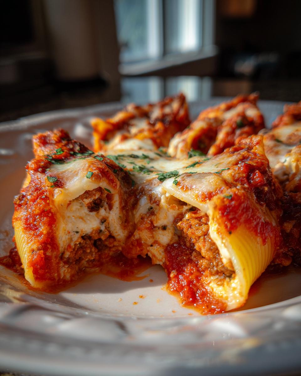 Close-up of cheesy stuffed shells overflowing with meat filling and covered in marinara sauce and melted mozzarella.