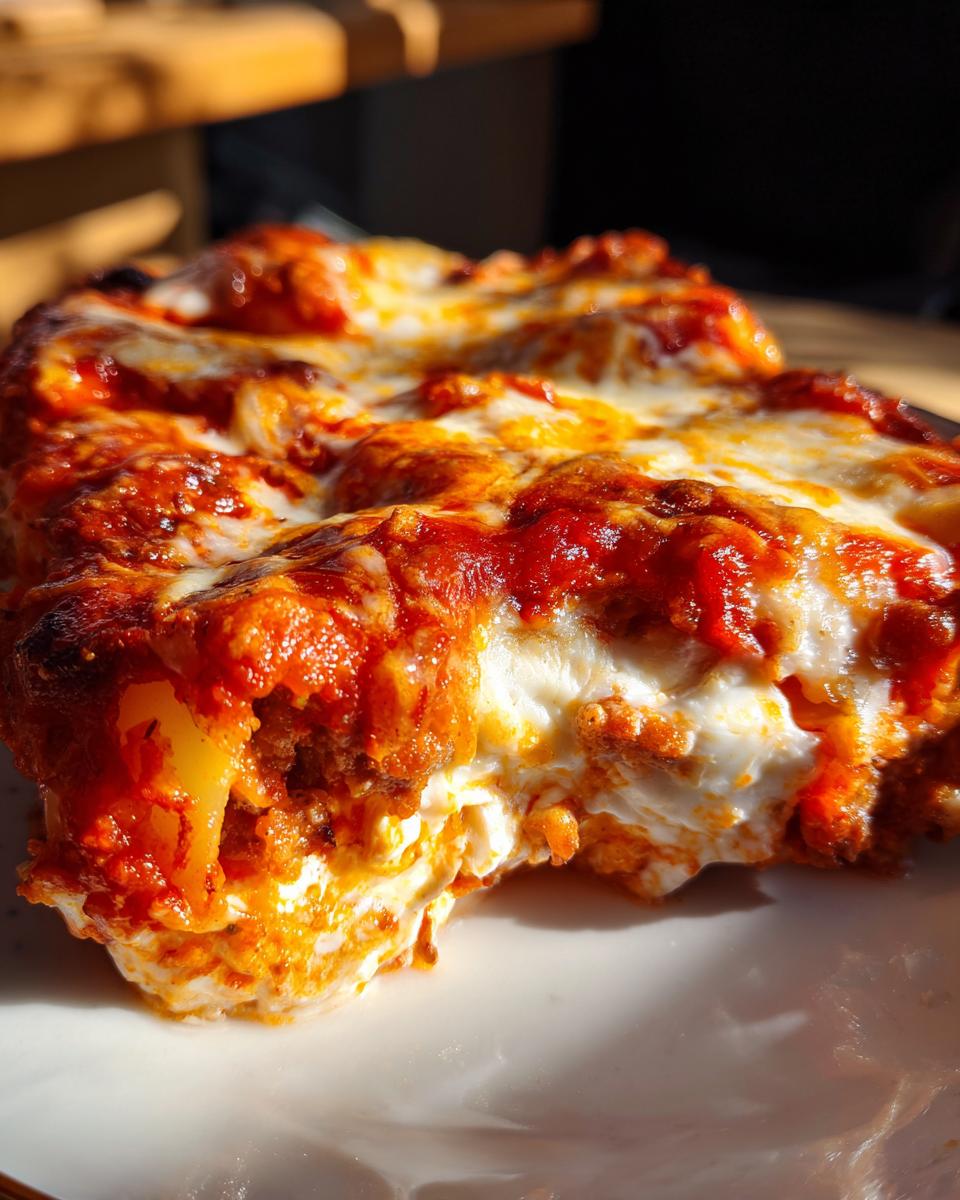 Close-up of baked stuffed shells overflowing with creamy ricotta and topped with melted mozzarella and rich marinara sauce.