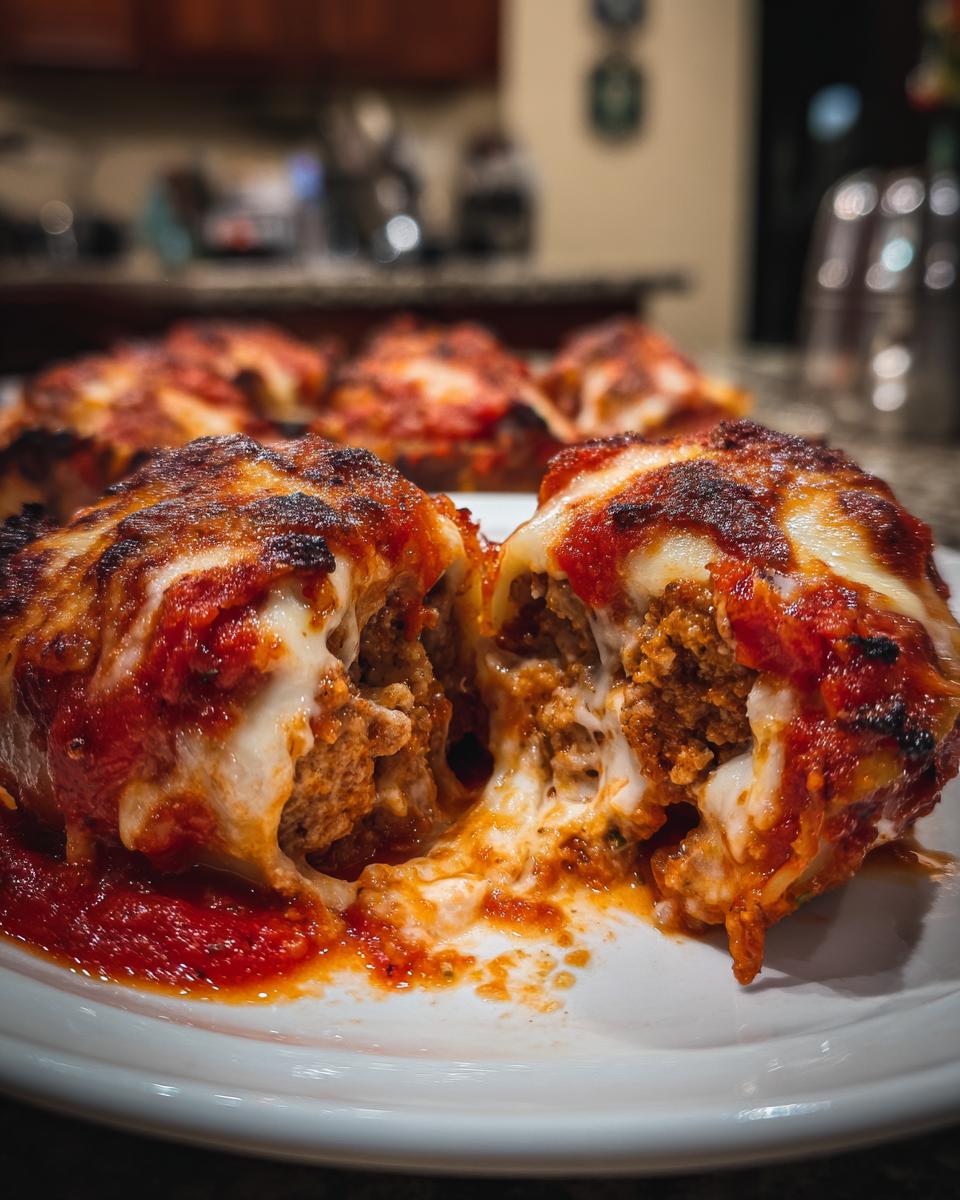 Close-up of cheesy stuffed shells cut in half, showing the rich meat filling and melted mozzarella cheese.