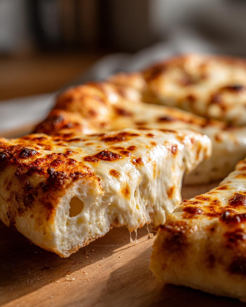Close-up of a slice of white pizza showing extreme cheese pull and a golden, bubbly crust.