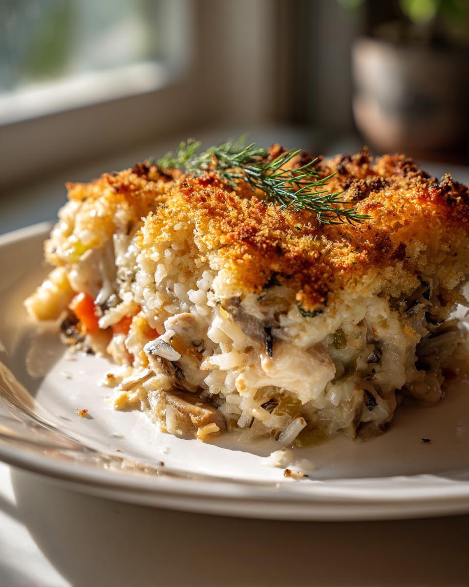 A close-up of a serving of creamy chicken and wild rice casserole with a golden, crispy breadcrumb topping garnished with dill.