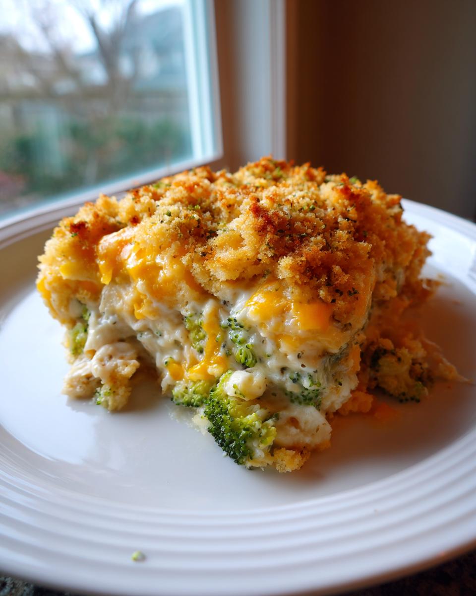 A close-up serving of Chicken Divan with a crunchy topping, melted cheese, and bright green broccoli florets.