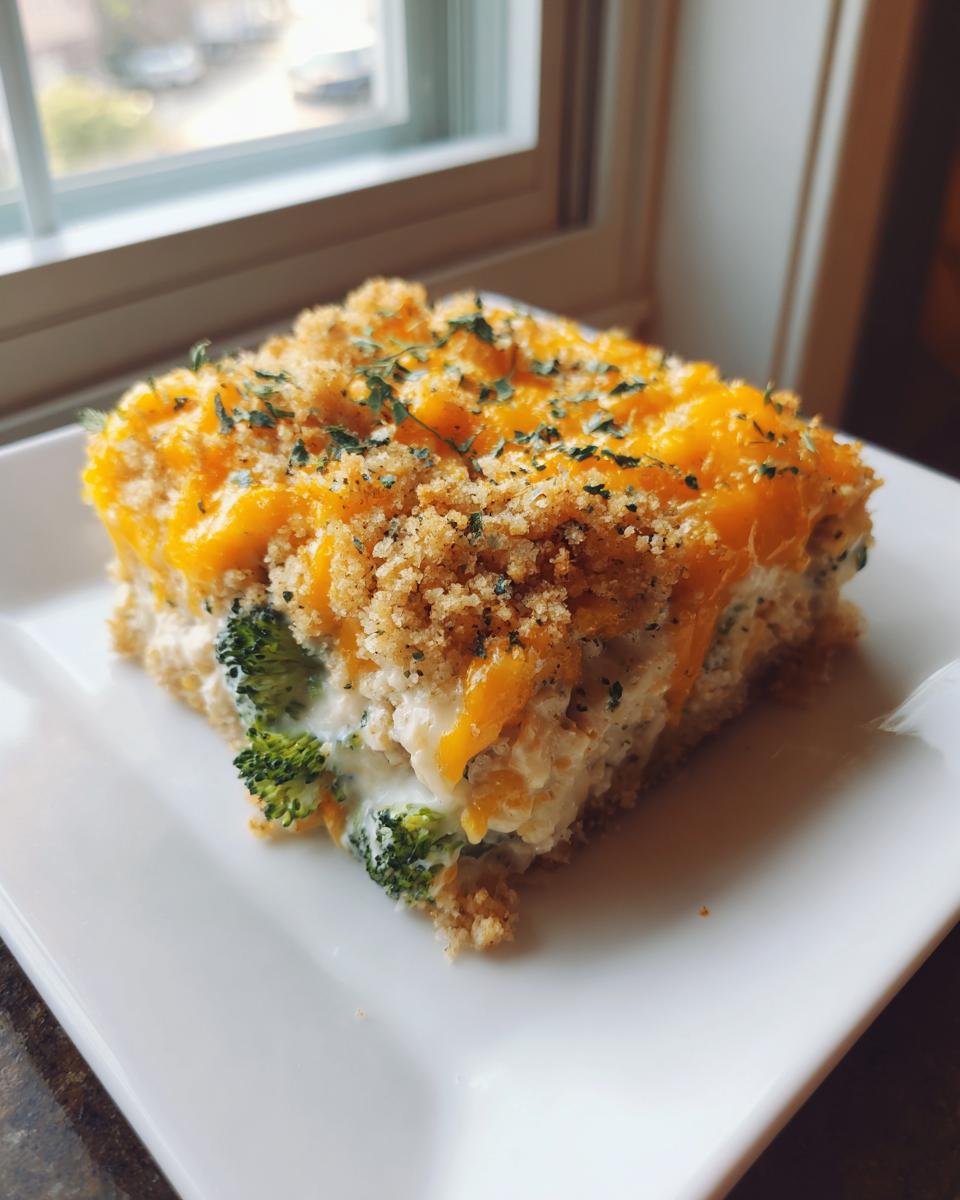 A square serving of Chicken Divan casserole with creamy sauce, broccoli florets, melted cheddar, and a crumb topping.