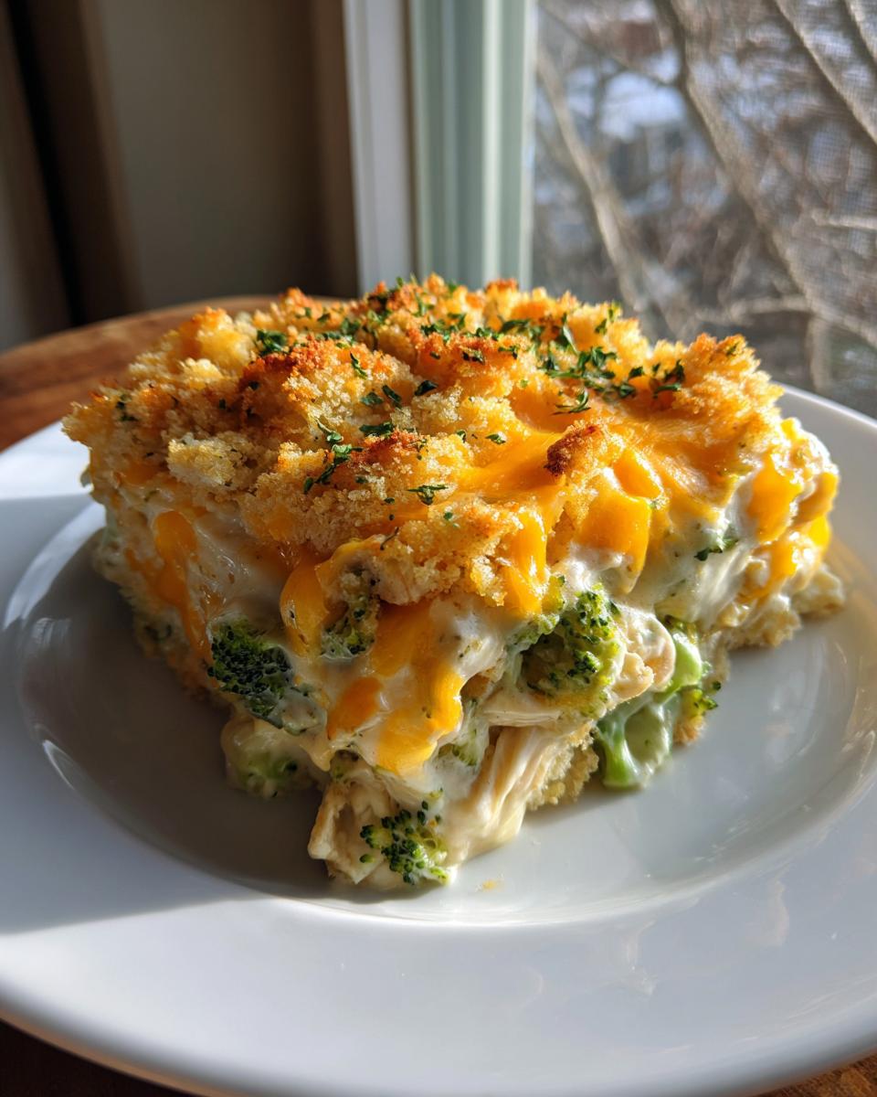 A square serving of creamy Chicken Divan with broccoli, melted cheddar, and a crunchy breadcrumb topping.