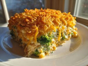 A generous serving of creamy Chicken Divan featuring broccoli florets and a golden, crunchy topping.