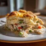 A close-up serving of creamy chicken pot pie casserole topped with a golden biscuit crust.