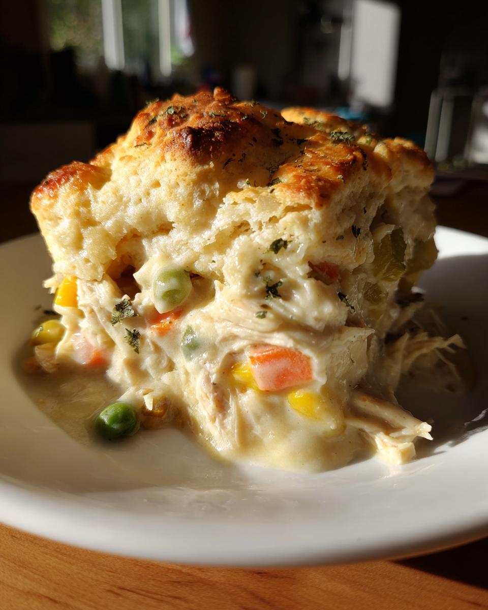 A hearty serving of chicken pot pie casserole topped with a golden biscuit crust, showing creamy filling with chicken and mixed vegetables.