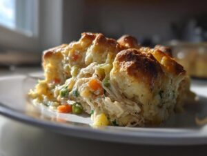 A close-up serving of chicken pot pie casserole featuring shredded chicken, peas, and carrots under a golden biscuit topping.