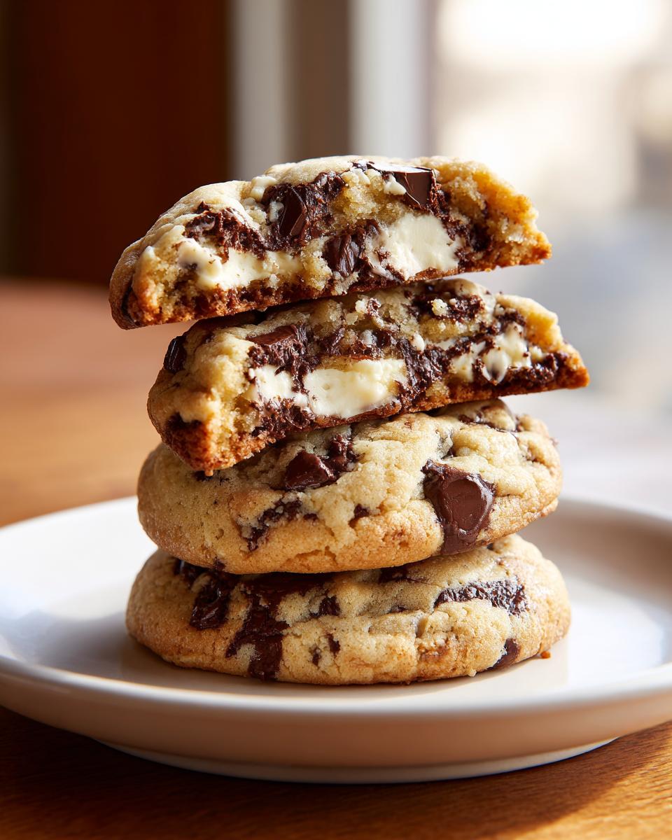 A stack of four chocolate chip cheesecake cookies, with the top two cut in half showing the creamy white cheesecake filling.
