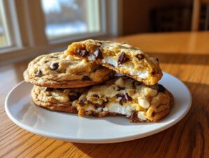 A stack of soft chocolate chip cheesecake cookies, one broken open to show the creamy white cheesecake filling.