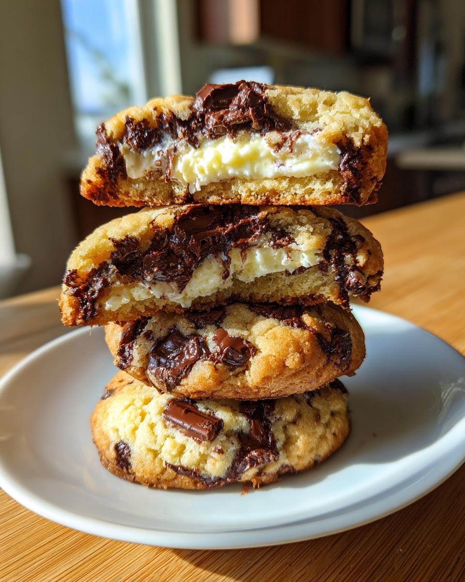 Stack of three chocolate chip cheesecake cookies, with the top two cut in half to show the creamy cheesecake filling.