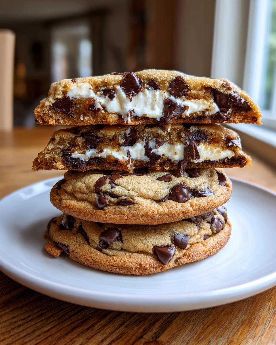 A stack of four chocolate chip cheesecake cookies, with the top two cut in half showing the creamy cheesecake filling.