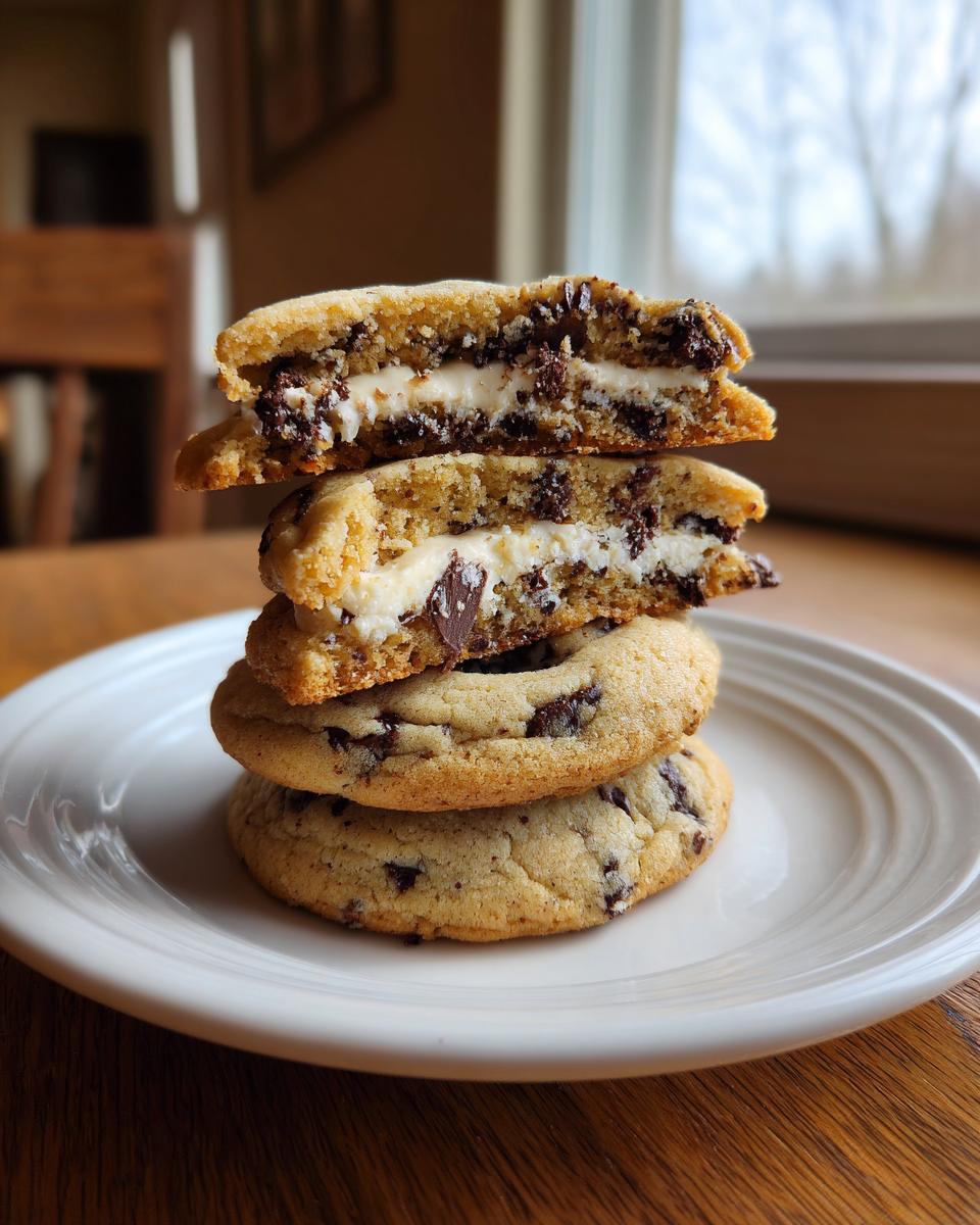 A stack of chocolate chip cheesecake cookies, with the top two cut in half showing the creamy cheesecake filling.