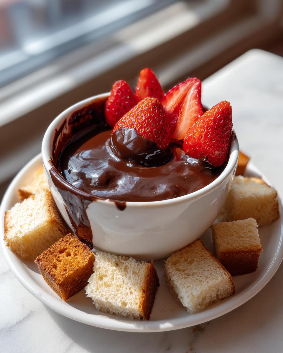 A white bowl filled with rich chocolate fondue, topped with fresh strawberries, surrounded by cubes of pound cake.