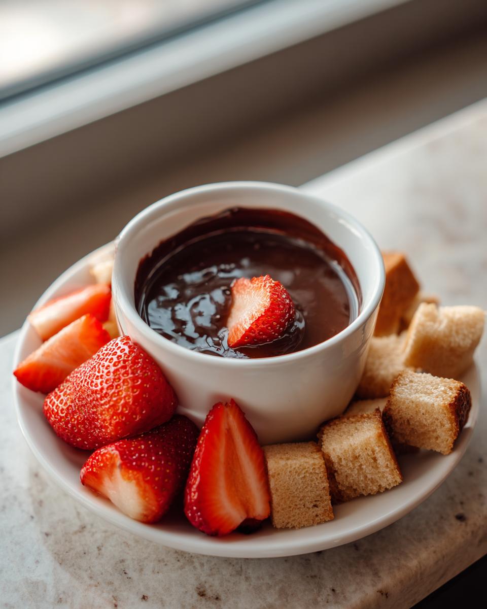 A white bowl of rich chocolate fondue served with fresh strawberries and cubes of pound cake for dipping, perfect for chocolate fondue.