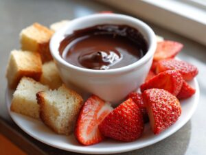 A white bowl of smooth chocolate fondue surrounded by cubed pound cake and fresh, sliced strawberries.
