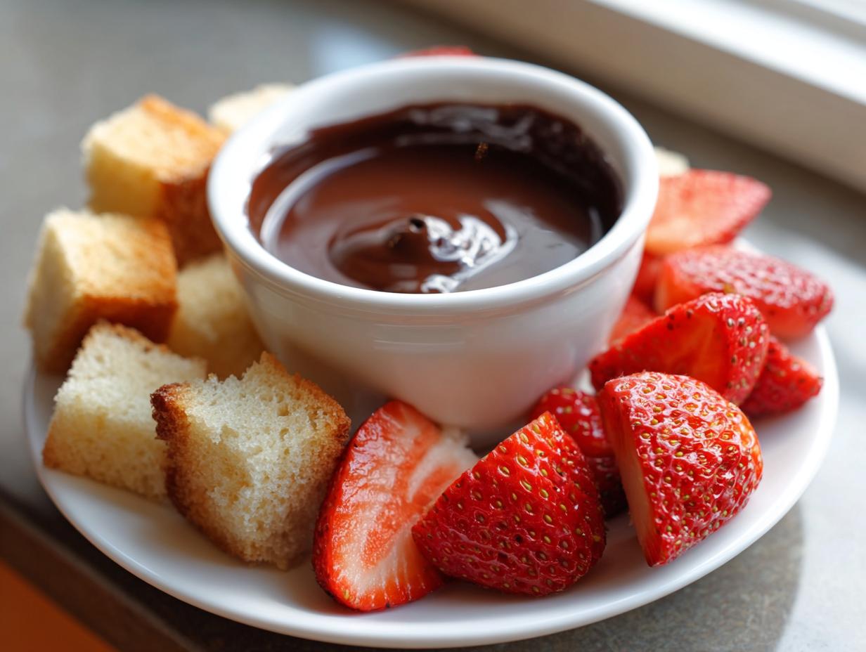 A white bowl of smooth chocolate fondue surrounded by cubed pound cake and fresh, sliced strawberries.