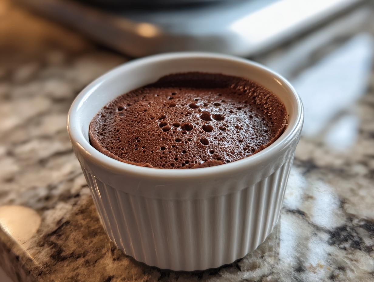 Close-up of rich, airy chocolate mousse served in a white, fluted ramekin.