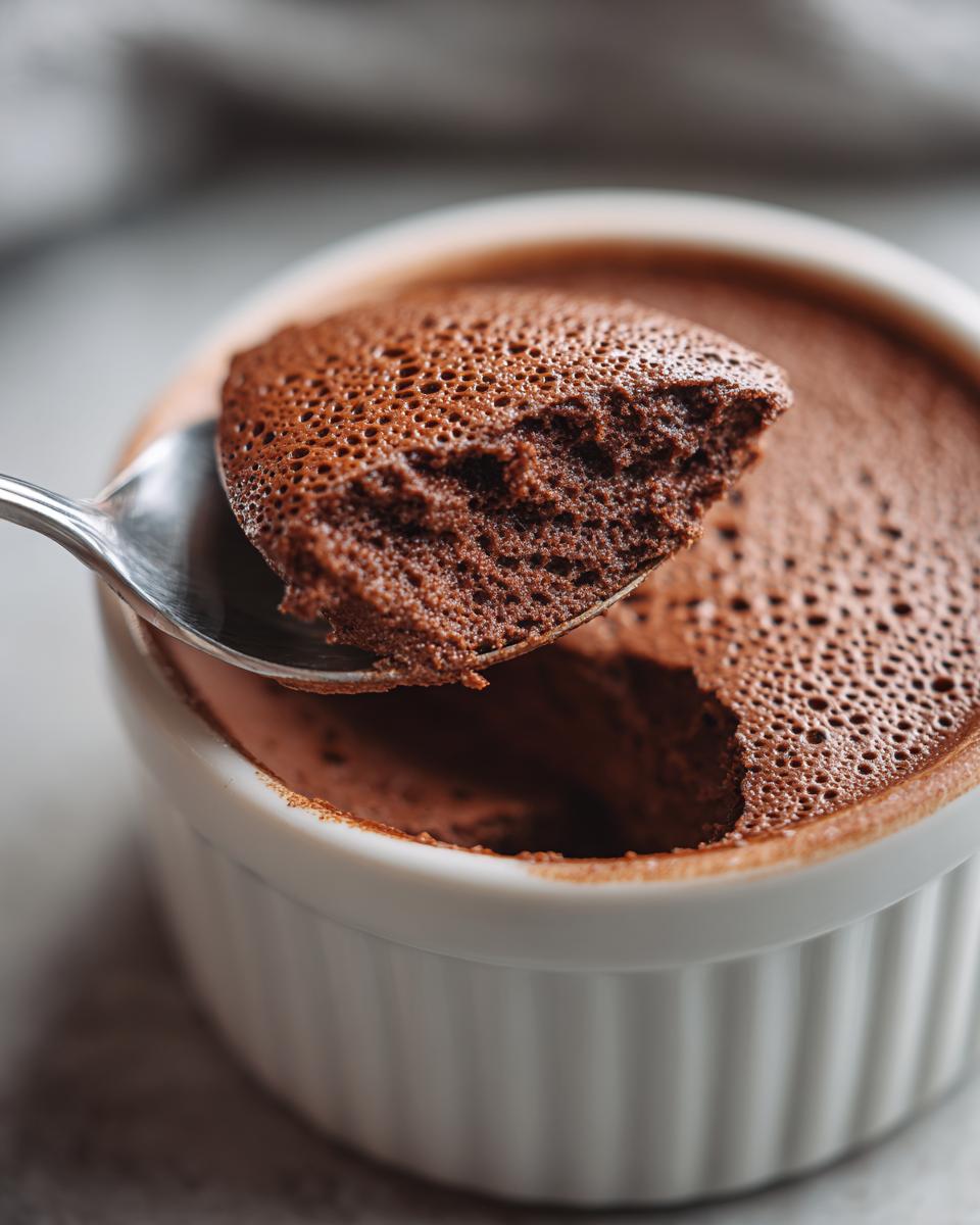 Close-up of a spoonful of airy, dark chocolate mousse being lifted from a white ramekin.