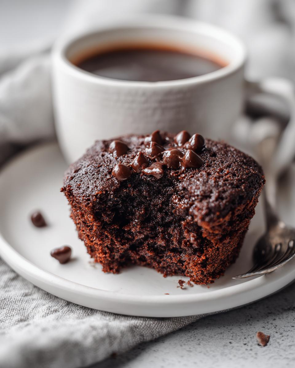 Close-up of a rich chocolate mug cake with a bite taken out, topped with melted chocolate chips.